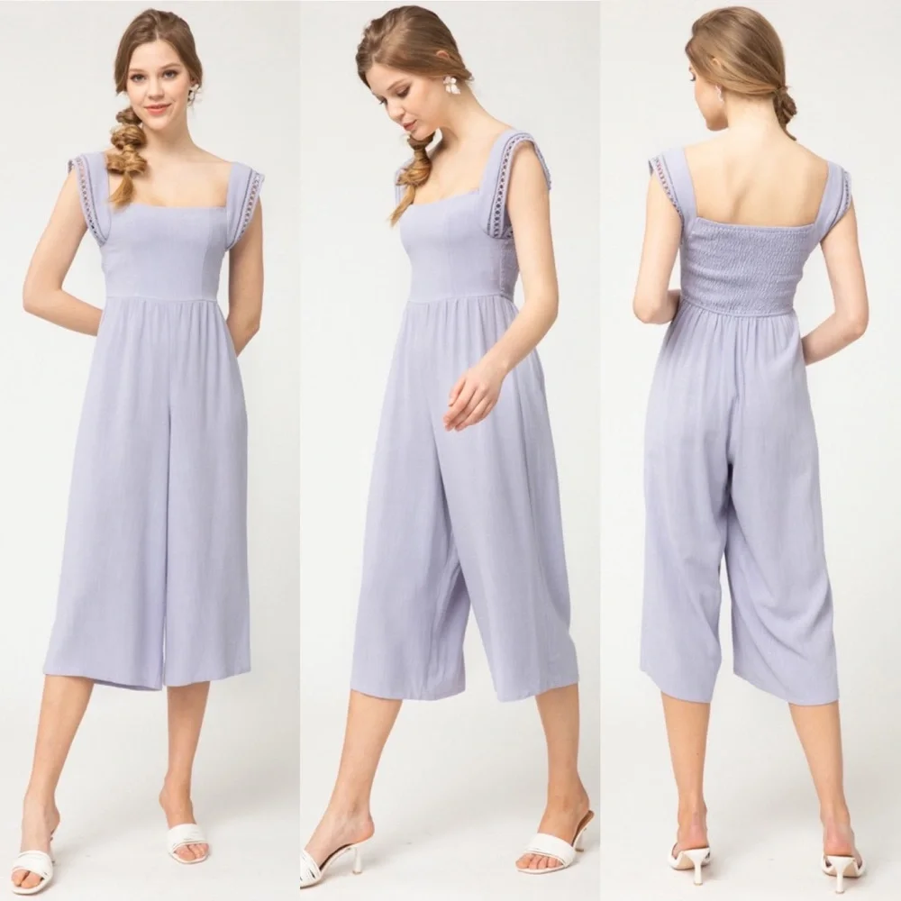 Entro | Layla Solid Smocked Cropped Jumpsuit Crochet Lilac Linen Purple Large - Picture 1 of 13